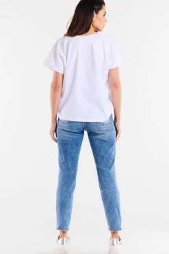 Discount Obszerny t-shirt z dekoltem V - biały Odzież Casualowa|Dobry Skład