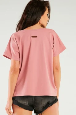 New Obszerny t-shirt z dekoltem V - różowy Odzież Casualowa|Dobry Skład