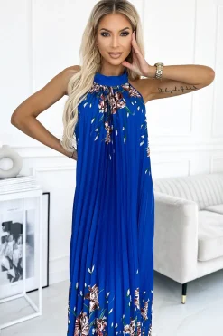 Clearance Plisowana satynowa sukienka maxi - chabrowa w kwiaty W Kwiaty|Maxi