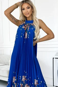 Clearance Plisowana satynowa sukienka maxi - chabrowa w kwiaty W Kwiaty|Maxi