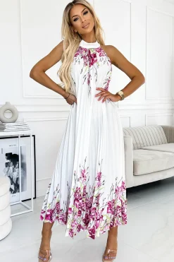 Discount Plisowana satynowa sukienka maxi - biała w kwiaty W Kwiaty|Maxi