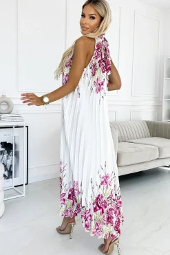Discount Plisowana satynowa sukienka maxi - biała w kwiaty W Kwiaty|Maxi