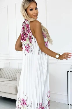 Discount Plisowana satynowa sukienka maxi - biała w kwiaty W Kwiaty|Maxi