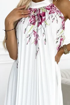 Discount Plisowana satynowa sukienka maxi - biała w kwiaty W Kwiaty|Maxi