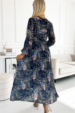 Online Plisowana sukienka maxi z długim rękawem - granatowy wzór Maxi|Sukienki