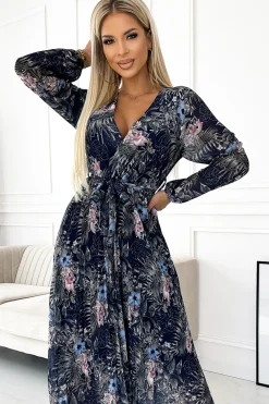 Online Plisowana sukienka maxi z długim rękawem - granatowy wzór Maxi|Sukienki