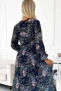 Online Plisowana sukienka maxi z długim rękawem - granatowy wzór Maxi|Sukienki