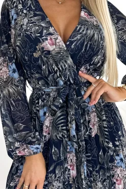 Online Plisowana sukienka maxi z długim rękawem - granatowy wzór Maxi|Sukienki