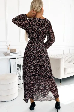 Plisowana sukienka maxi z długim rękawem - brązowa zebra Maxi|Sukienki