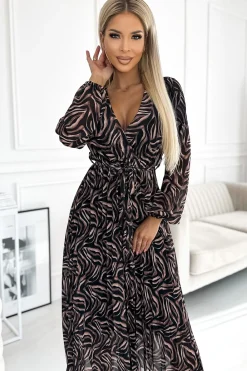 Plisowana sukienka maxi z długim rękawem - brązowa zebra Maxi|Sukienki
