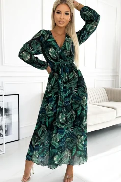 Sale Plisowana sukienka maxi z długim rękawem - zielone liście Maxi|Sukienki