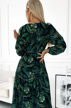 Sale Plisowana sukienka maxi z długim rękawem - zielone liście Maxi|Sukienki