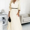 New Plisowana sukienka maxi z paskiem i rękawem 3/4 - ecru Maxi