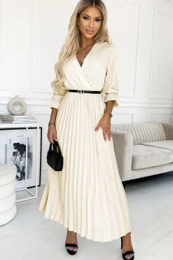 New Plisowana sukienka maxi z paskiem i rękawem 3/4 - ecru Maxi