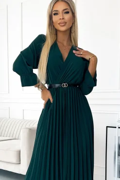 Discount Plisowana sukienka maxi z paskiem i rękawem 3/4 - butelkowa zieleń Maxi|Sukienki