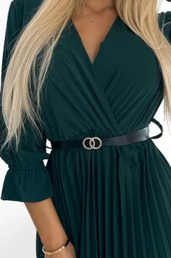 Discount Plisowana sukienka maxi z paskiem i rękawem 3/4 - butelkowa zieleń Maxi|Sukienki