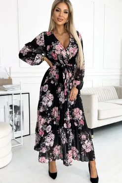 Clearance Plisowana sukienka maxi z wiązaniem w pasie - czarna w czerwono-różowe róże Sukienki