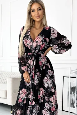 Clearance Plisowana sukienka maxi z wiązaniem w pasie - czarna w czerwono-różowe róże Sukienki