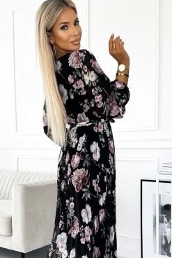 Outlet Plisowana sukienka maxi z wiązaniem w pasie - czarna w różowe kwiaty Sukienki