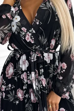 Outlet Plisowana sukienka maxi z wiązaniem w pasie - czarna w różowe kwiaty Sukienki