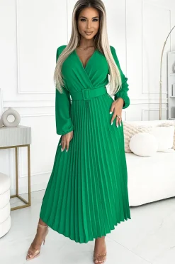Discount Plisowana sukienka midi z dekoltem - zielona Midi|Midi