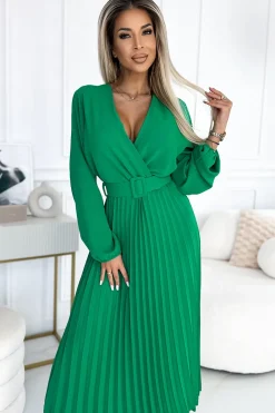 Discount Plisowana sukienka midi z dekoltem - zielona Midi|Midi