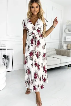 Sale Plisowana sukienka midi z falbankami - bordowe róże W Kwiaty|Maxi
