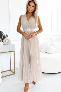 Discount Plisowana sukienka z paskiem w talii - beżowa Maxi|Sukienki
