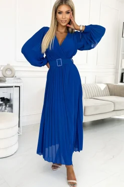 Discount Plisowana sukienka z paskiem w talii - chabrowa Maxi|Sukienki