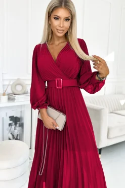 Hot Plisowana sukienka z paskiem w talii - bordowa Maxi|Sukienki