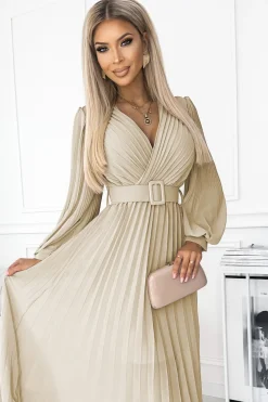 Clearance Plisowana sukienka z paskiem w talii - beżowa Maxi|Sukienki
