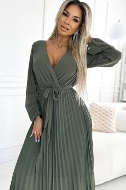 New Plisowana szyfonowa sukienka z dekoltem, długim rękawkiem i wiązanym paskiem - khaki Maxi|Sukienki