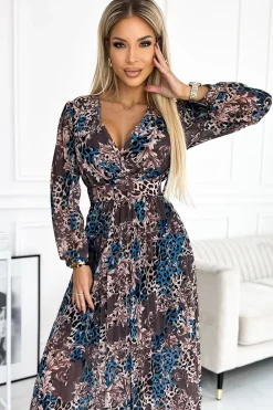 New Plisowana szyfonowa sukienka maxi - niebiesko-beżowe liście W Kwiaty|Mini