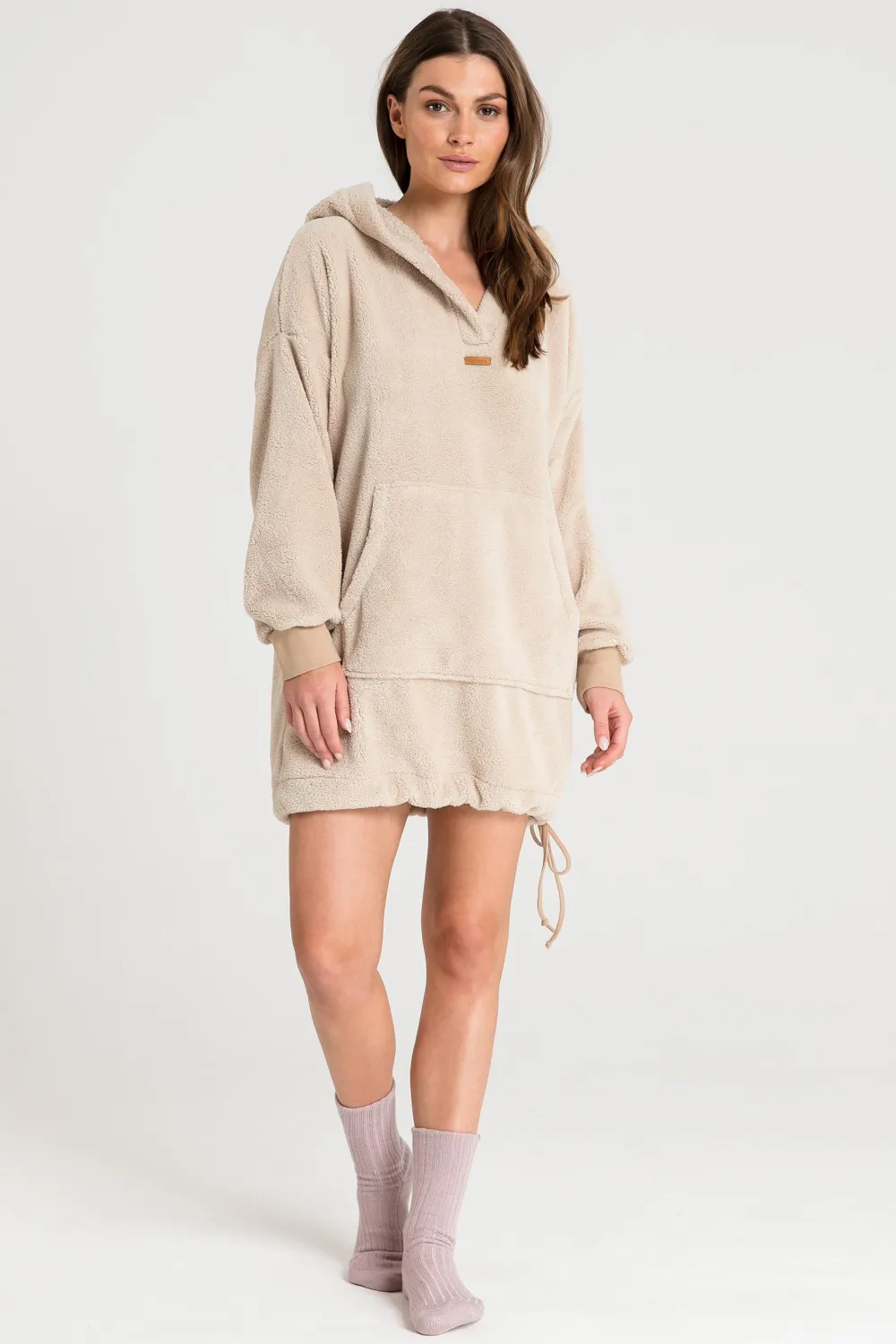 Puzowa buza overize z kiezenią kangurek - cappuccino Odzież Casualowa|Bluzy