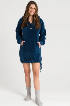 Outlet Pluszowa bluza oversize z kieszenią kangurek - granatowa Odzież Casualowa|Bluzy