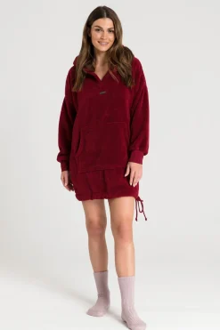 Sale Pluszowa bluza oversize z kieszenią kangurek - bordowa Odzież Casualowa|Bluzy