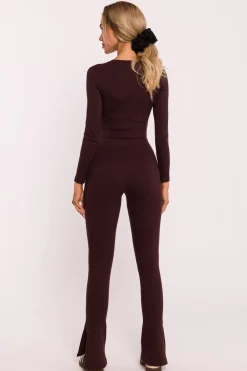 Outlet Prążkowane egginy z rozcięciai – brązowe Legginsy|Odzież Casualowa