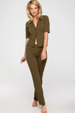 Online Prążkowane podnie z pozerzanyi nogawkai - khaki Odzież Casualowa|Spodnie