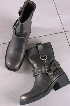 Discount Srebrne buty do kostek na grubym niskim obcasie Abelia - ciemno-srebrne Botki