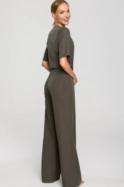 Best tyowy kobinezon z zerokii nogawkai - khaki Eleganckie Kombinezony|Kombinezony