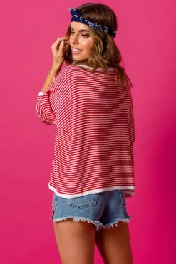 New Stylowy sweter w paseczki - czerwony Swetry