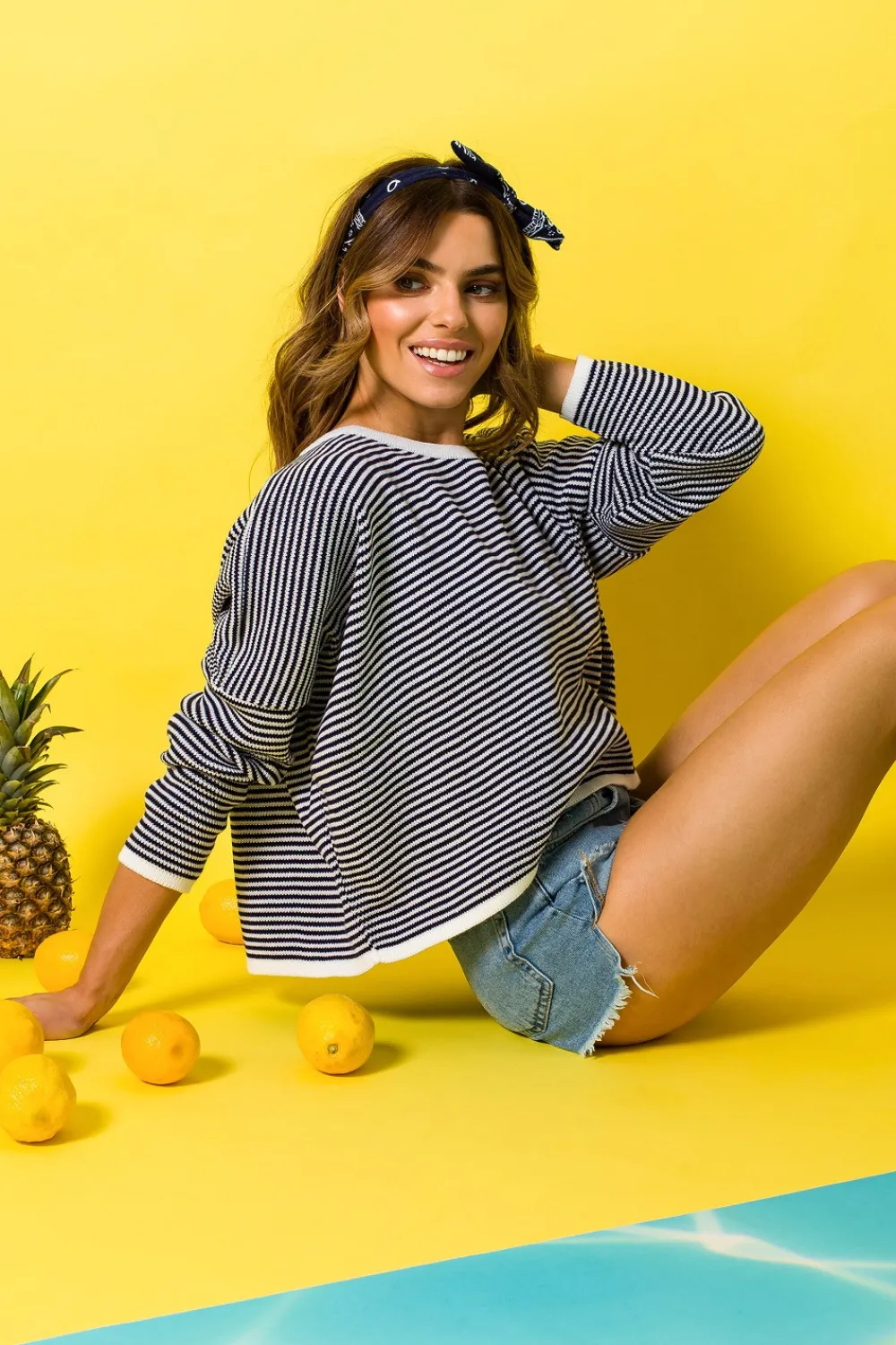 Hot Stylowy sweter w paseczki - granatowy Swetry