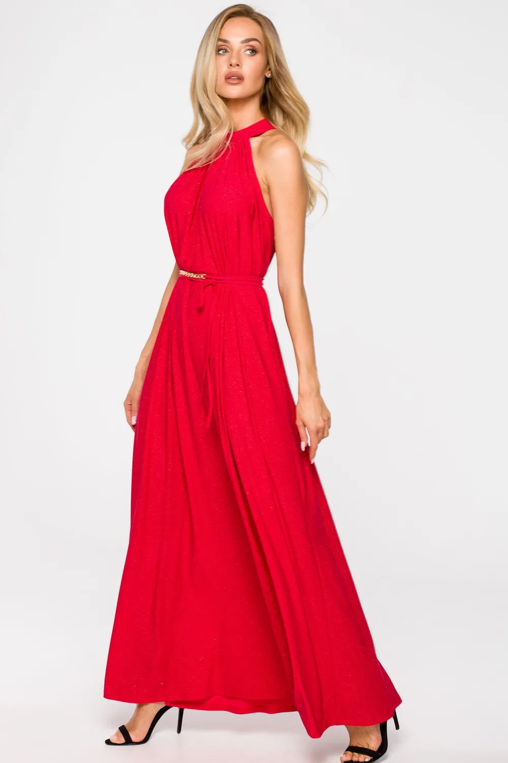 Sale Sukienka maxi z dekoltem typu halter - czerwona Czerwone|Sukienki Wieczorowe