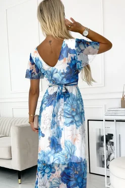Outlet Sukienka maxi z wiązaniem w pasie - niebieskie duże kwiaty - siatka W Kwiaty|Maxi