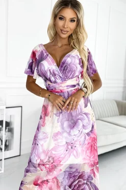 Hot Sukienka maxi z wiązaniem w pasie - fioletowo-różowe duże kwiaty - siatka W Kwiaty|Maxi