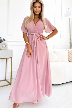 Clearance Sukienka maxi z wiązaniem w talii - pudrowa Maxi|Kolory I Printy Sezonu