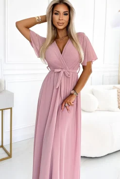 Clearance Sukienka maxi z wiązaniem w talii - pudrowa Maxi|Kolory I Printy Sezonu