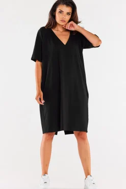 Online Sukienka oversize z krótkim rękawem - czarna Sukienki Dzianinowe|Sukienki