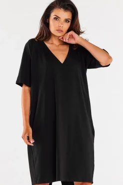 Online Sukienka oversize z krótkim rękawem - czarna Sukienki Dzianinowe|Sukienki