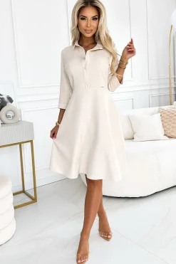Online ukienka rozkozowana z kołnierzykie - beżowa Sukienki Koktajlowe|Sukienki